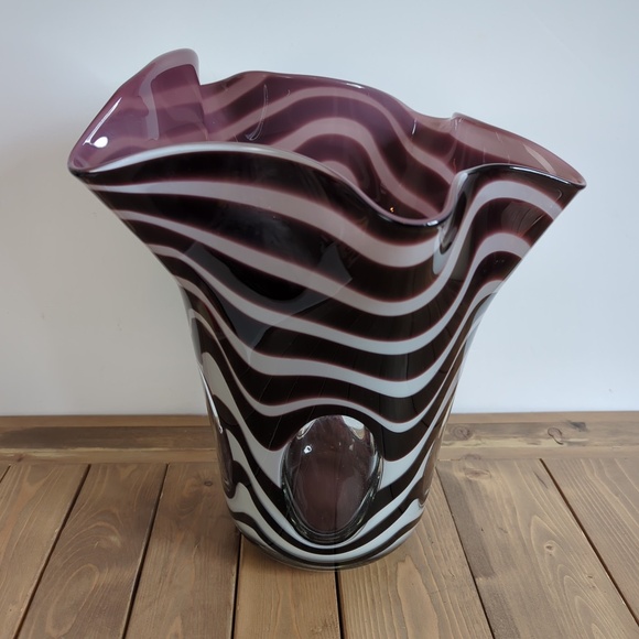 Zebra Stripe Cased Glass Purple/Clear FAZZOLETTO Handkerchief Vase - Picture 1 of 9